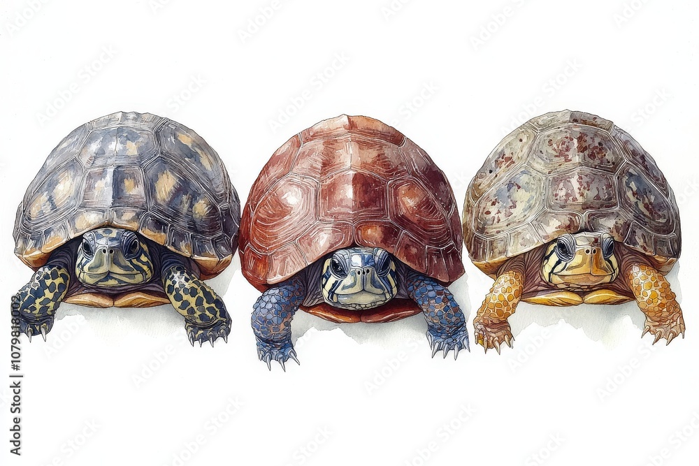 Obraz premium Three colorful tortoises with distinct shell patterns and textures.