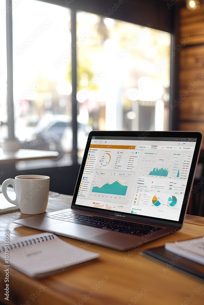 Modern workspace with laptop displaying data analytics dashboard, coffee cup, and notepad on wooden desk, sunlight streaming through large windows. Modern workspace with laptop displaying data analytics dashboard, coffee cup, and notepad on wooden desk, sunlight streaming through large windows.