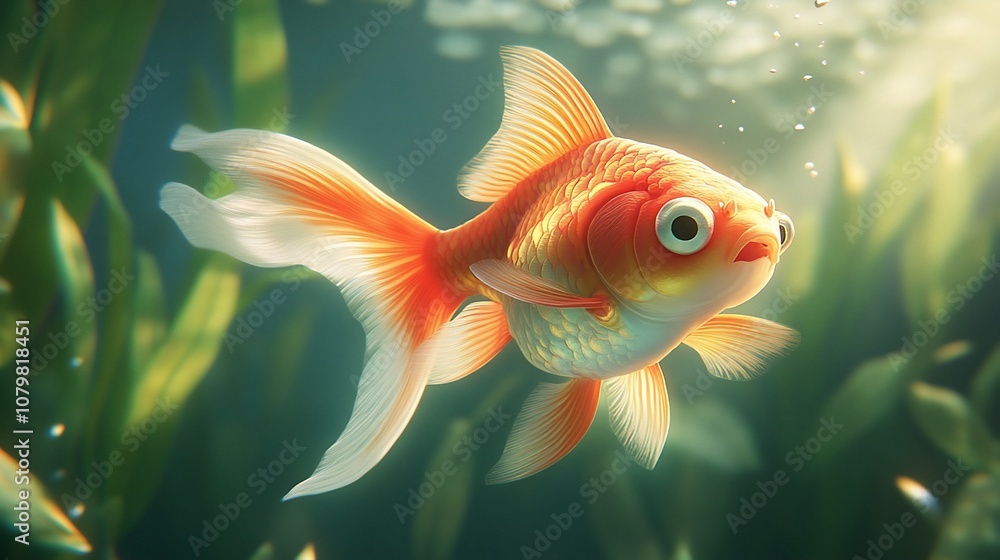 A single goldfish swimming in a tank with green plants and bubbles. A single goldfish swimming in a tank with green plants and bubbles.