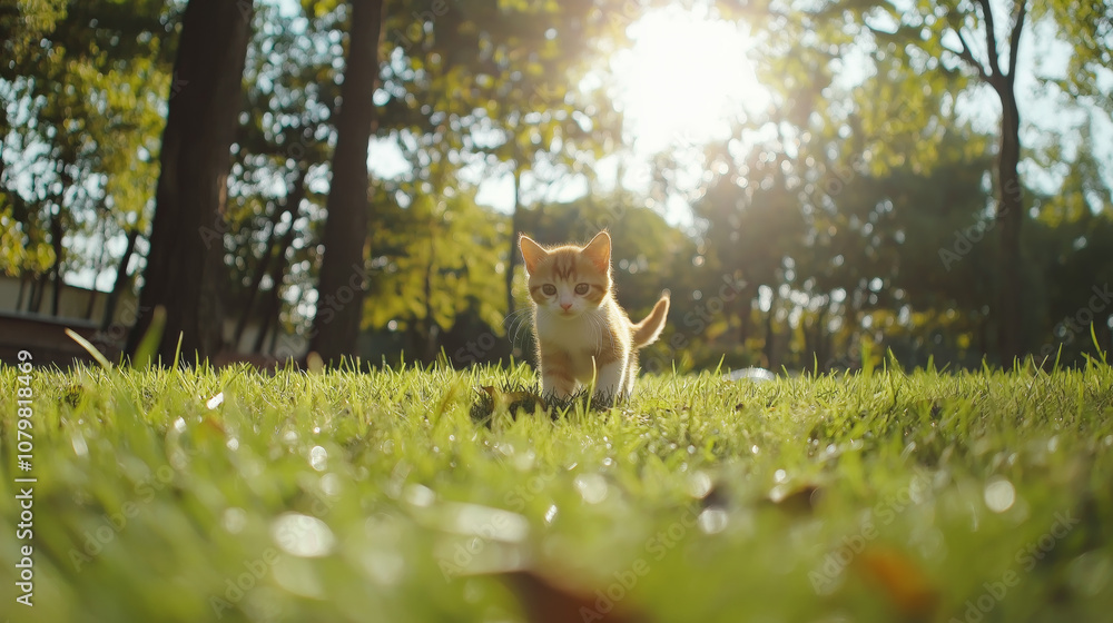 Fototapeta premium Cute brown Scottish kitten walking and playing on lawn in park in morning. Scottish kitten mixed with Thai cat. cute and naughty of kitten or cat concept. pet animal.