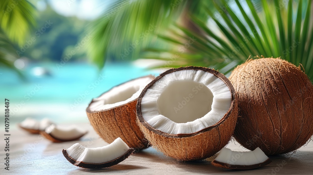 Two whole coconuts with one halved coconut and coconut pieces on wooden surface in front of a tropical beach. Two whole coconuts with one halved coconut and coconut pieces on wooden surface in front of a tropical beach.