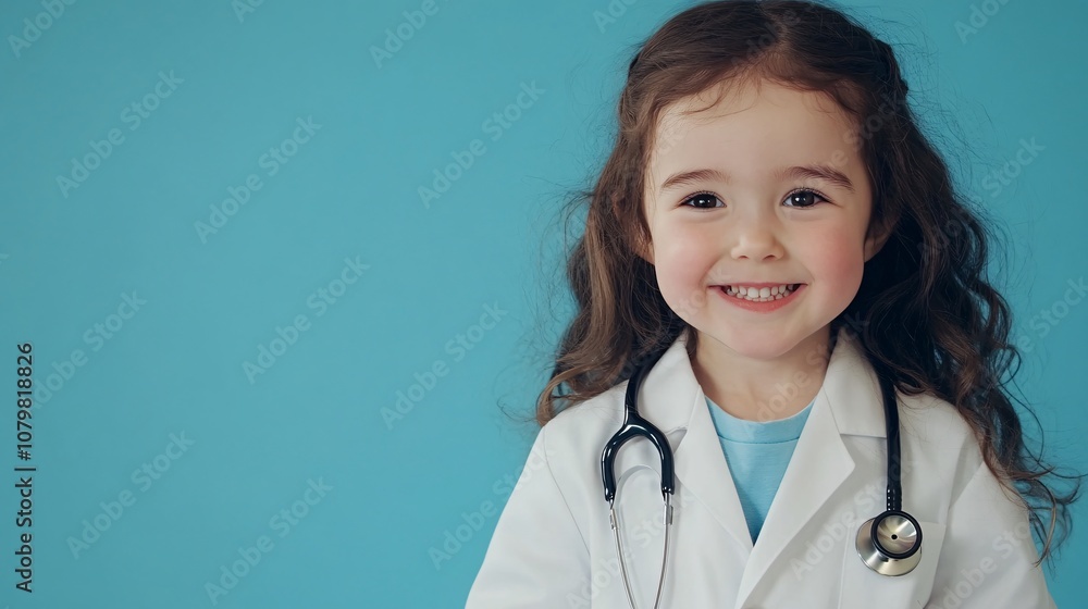 Smiling child in doctor costume studio setting portrait photography bright background joyful concept Smiling child in doctor costume studio setting portrait photography bright background joyful concept