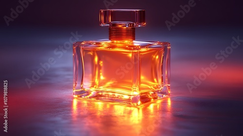 Elegant Glass Perfume Bottle with Warm Orange Liquid Illuminating a Soft Background in Stylish Artistic Presentation of Fragrance and Beauty