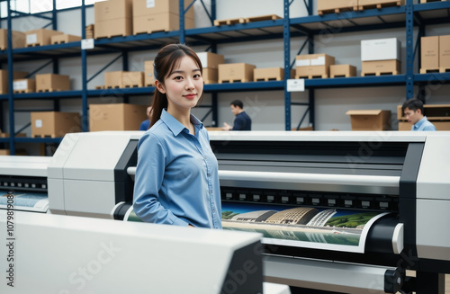 A woman standing confidently and smiling in a printing factory with a large printer.
