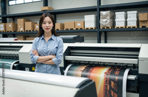 An Asian woman standing confidently in front of a large printer in a printing factory.
