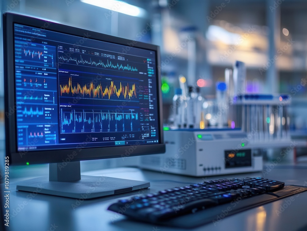 Advanced laboratory setup with monitors displaying data and scientific equipment. Advanced laboratory setup with monitors displaying data and scientific equipment.