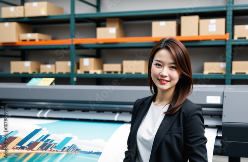 A businesswoman in a printing factory, with a large printer in operation.