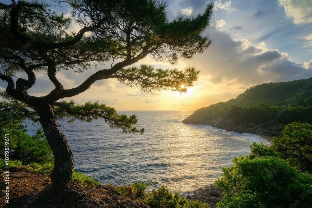 A lone pine tree stands silhouetted against a vibrant sunset over a calm, blue sea. A lone pine tree stands silhouetted against a vibrant sunset over a calm, blue sea.