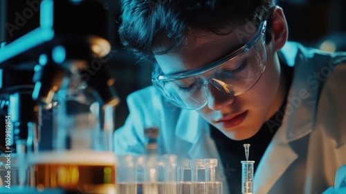 A young scientist in a lab coat examines samples with test tubes and a microscope. photo