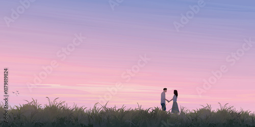 Silhouette grass field landscape with couple of lover hand holding together graphic illustration have blank space at twilight sky background. Valentine's day greeting card template.