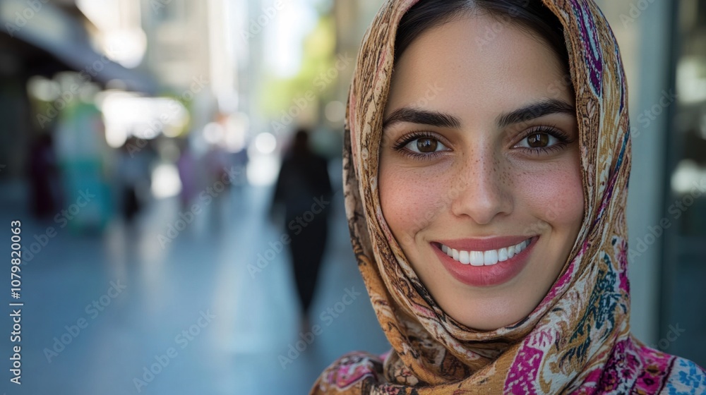A Young Woman Wearing a Colorful Scarf Smiles Confidently While Walking Through a Lively Urban Street Filled With Blurred Passerby on a Sunny Day A Young Woman Wearing a Colorful Scarf Smiles Confidently While Walking Through a Lively Urban Street Filled With Blurred Passerby on a Sunny Day