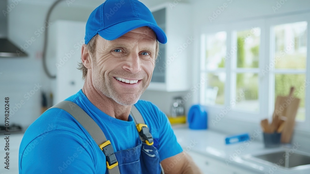 A Smiling Handyman in Blue Work Attire Stands in a Bright Modern Kitchen, Showcasing a Friendly Demeanor as He Prepares for Home Repair Tasks A Smiling Handyman in Blue Work Attire Stands in a Bright Modern Kitchen, Showcasing a Friendly Demeanor as He Prepares for Home Repair Tasks