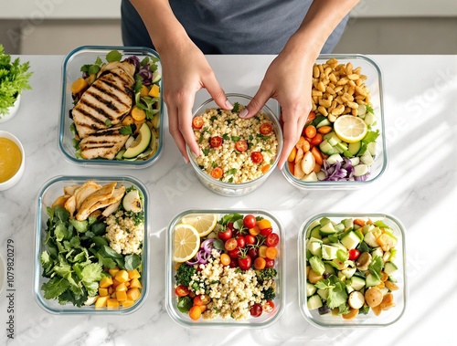 Meal prepping healthy lunches with grilled chicken, couscous, and fresh vegetables.