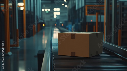 A Cardboard Box Resting on a Conveyor Belt in a Distribution Center During the Early Morning Hours, Ready for Sorting and Shipment to Various Destinations