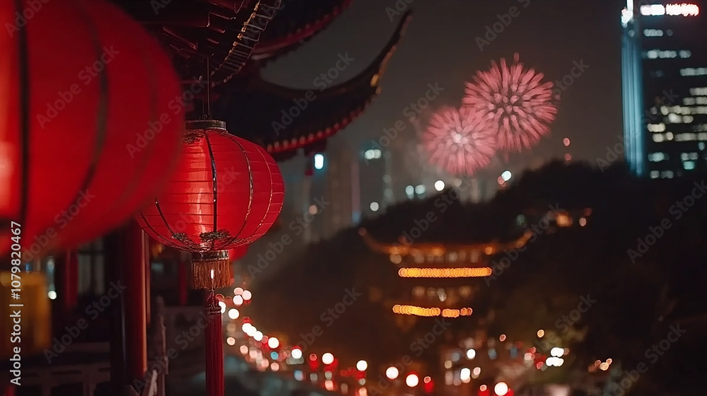 Red lanterns hanging in front of fireworks display over a city at night. Red lanterns hanging in front of fireworks display over a city at night.