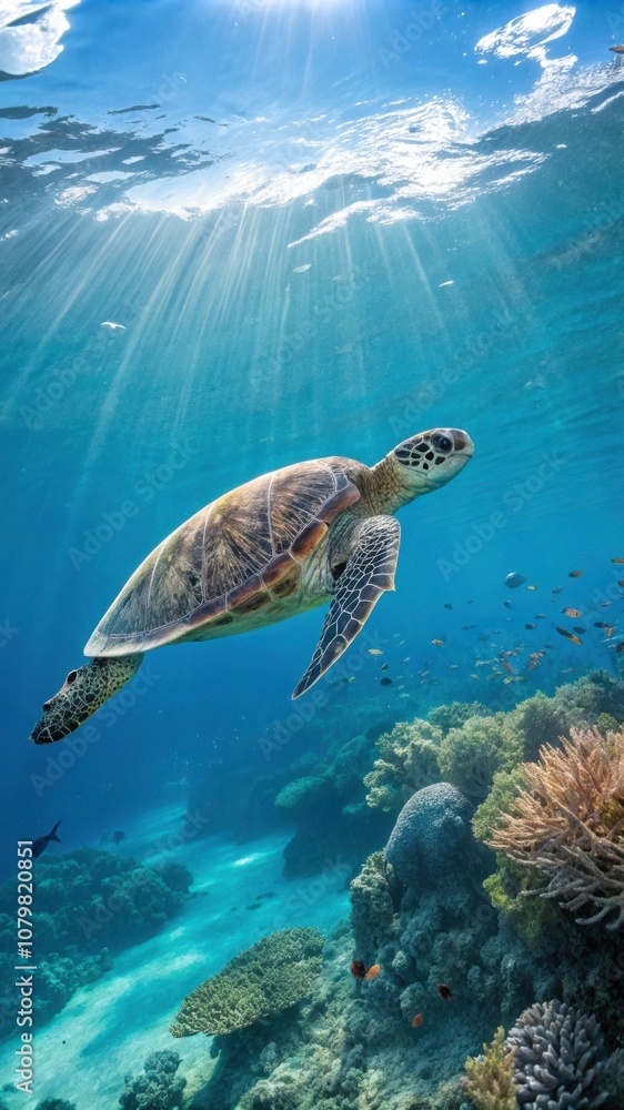 Obraz premium A Graceful Sea Turtle Gliding Through Crystal Clear Ocean Waters Under Sunlit Rays. Generative AI