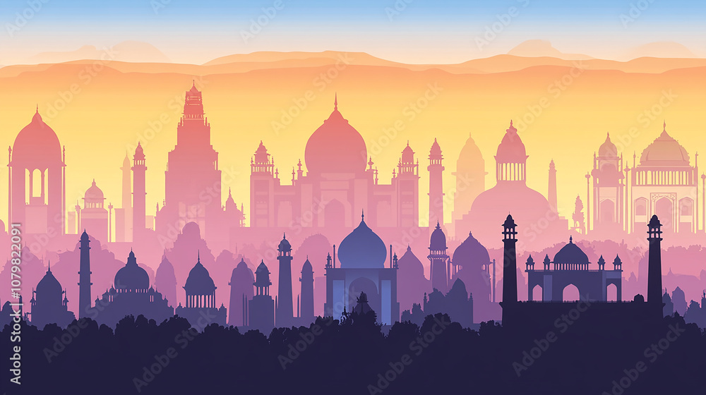 Silhouette of a cityscape with many domes and minarets against a sunset sky. Silhouette of a cityscape with many domes and minarets against a sunset sky.
