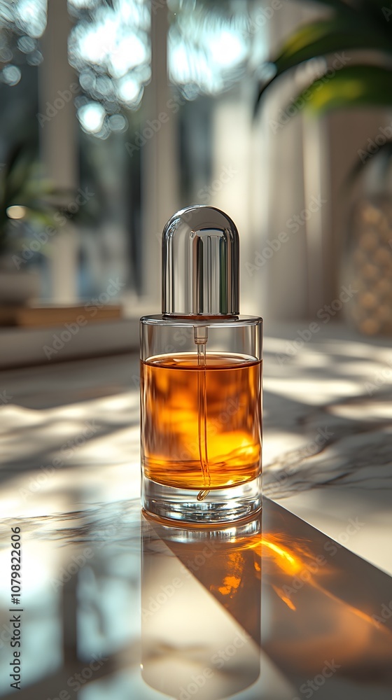Elegant Glass Bottle with Brown Liquid Captured in Warm Sunlight, Showcasing the Beauty of Reflections and Shadows on a Marble Surface Elegant Glass Bottle with Brown Liquid Captured in Warm Sunlight, Showcasing the Beauty of Reflections and Shadows on a Marble Surface