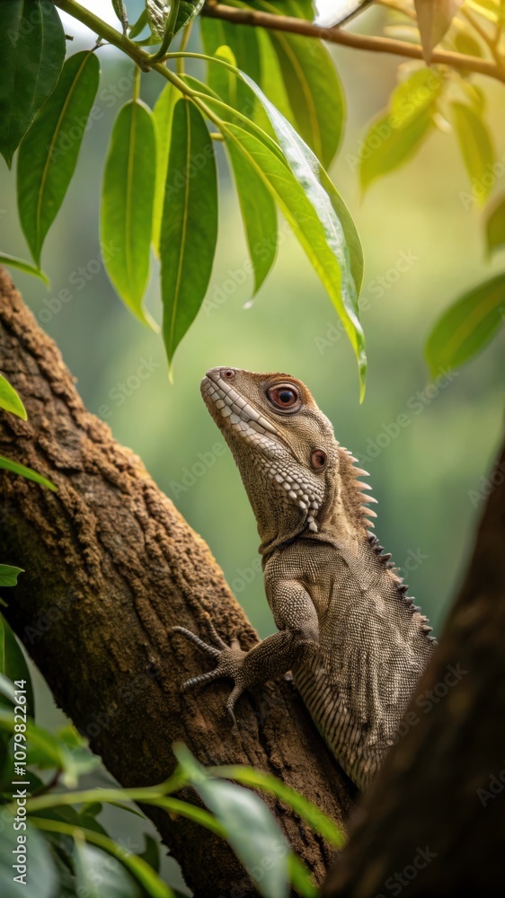 Fototapeta premium Close-up View of a Reptile Resting on a Tree Branch Surrounded by Green Leaves During Daylight. Generative AI