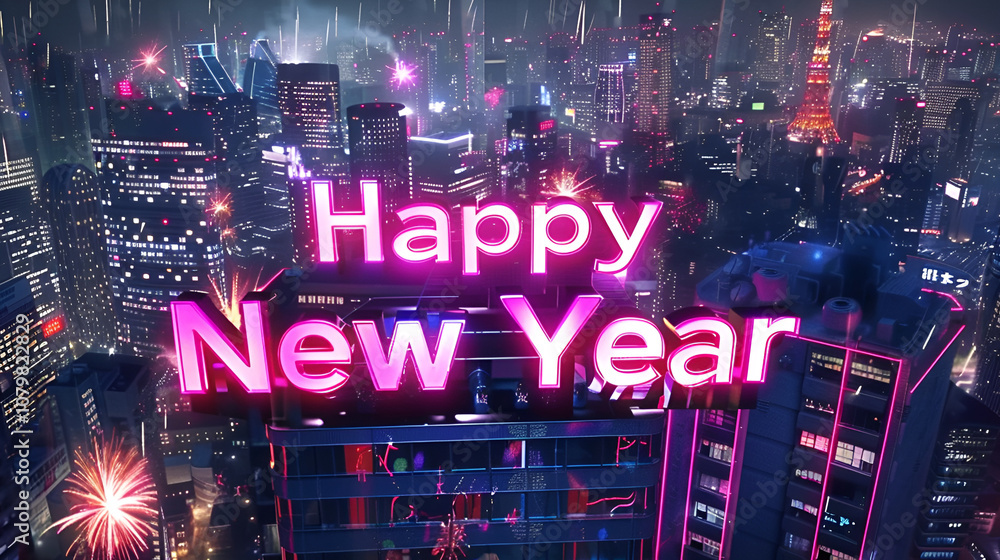 Neon lit 3D text Happy New Year glowing amidst Tokyo cityscape at night skyscrapers and festive lights all around Neon lit 3D text Happy New Year glowing amidst Tokyo cityscape at night skyscrapers and festive lights all around