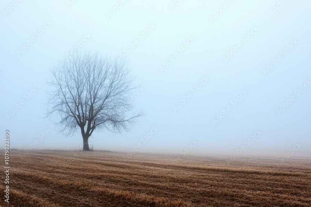 A lone tree stands in a misty field. (1) A lone tree stands in a misty field. (1)