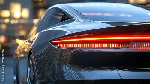 A close-up of a sleek, modern car's taillights with brake lights illuminated, showcasing the car's design and technology. The background is blurred, suggesting a nighttime city setting.