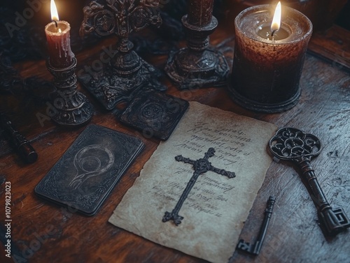 Vintage Occult Holiday Display with Mystical Objects for Occult Day, Halloween, and All Saints Day photo