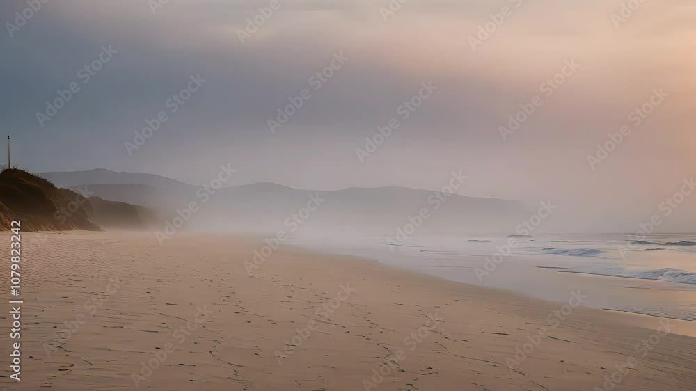 Tranquil Beachscape with Rolling Waves and Foggy Hills Tranquil Beachscape with Rolling Waves and Foggy Hills