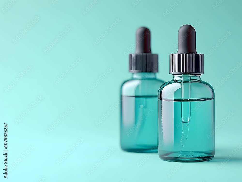 Elegant Glass Bottles with Droppers Filled with Turquoise Liquid on a Smooth Teal Background for Beauty and Wellness Product Display Elegant Glass Bottles with Droppers Filled with Turquoise Liquid on a Smooth Teal Background for Beauty and Wellness Product Display