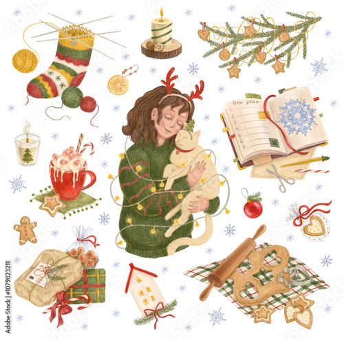 Set of isolated digital hand drawn elements. Cozy Christmas. Christmas pastries. New Year. Christmas presents and hobbies. Decoration for Christmas. A girl celebrate X-mas. Color illustration.