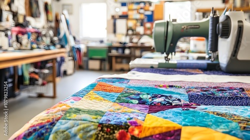 A vibrant quilting workshop with colorful fabrics, sewing machines, and half-finished quilts, where a quilter is piecing together a new pattern with precision and care.A vibrant quilting workshop with photo