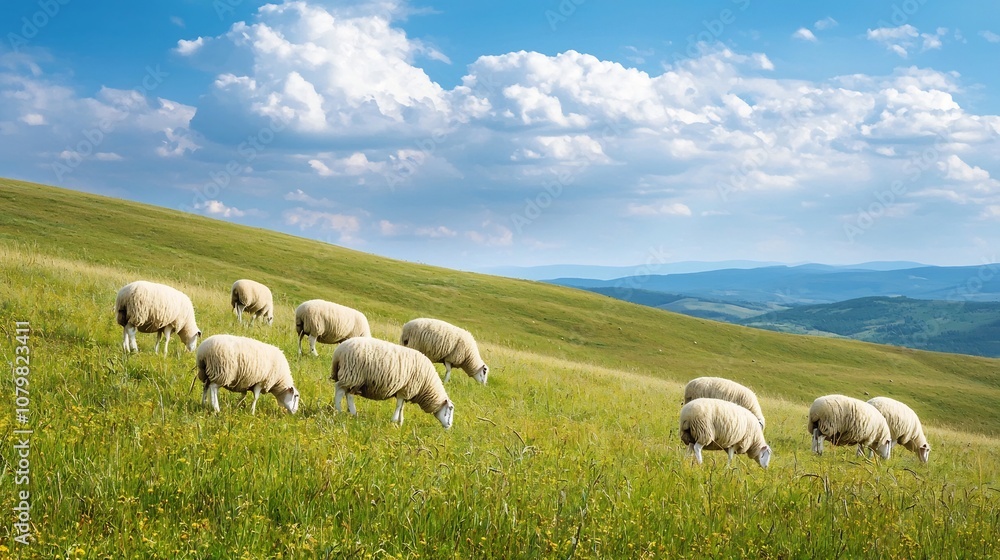 Fototapeta premium Sheep grazing on a picturesque rolling hillside with a blue sky backdrop capturing rural simplicity and tranquil beauty