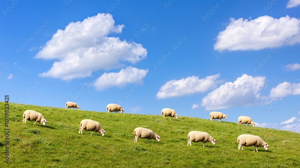 Peaceful Flock of Sheep Grazing on Rolling Hillside Landscape with Blue Sky and Fluffy Clouds Peaceful Flock of Sheep Grazing on Rolling Hillside Landscape with Blue Sky and Fluffy Clouds