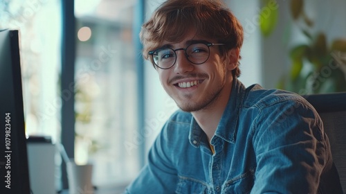 A young man wearing glasses and a blue shirt is smiling at the camera