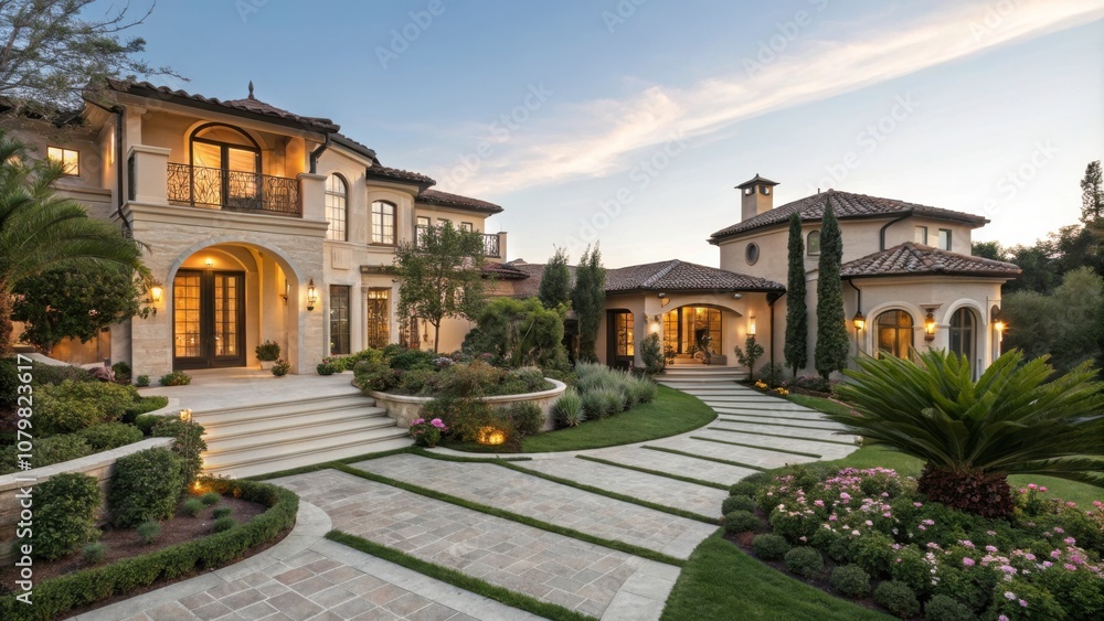 Naklejka premium Luxurious Villa Exterior With Lush Landscaping and Elegant Design at Sunset in a Serene Location. Generative AI