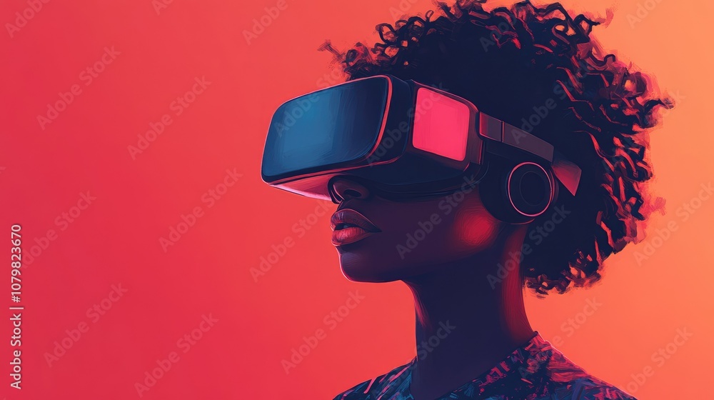 A young woman wearing a VR headset with a pink background. A young woman wearing a VR headset with a pink background.