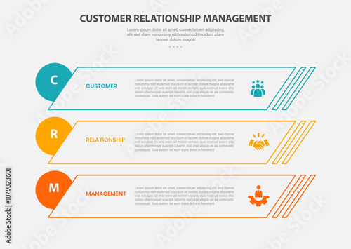 CRM customer relationship management infographic outline style with 3 point template with skew rectangle and circle badge at edge for slide presentation