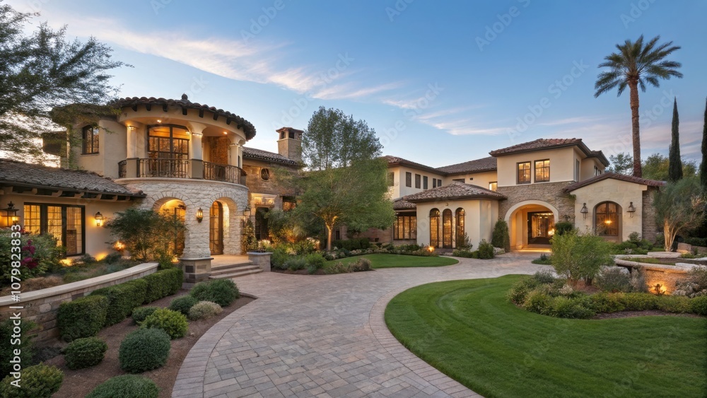 Obraz premium Explore a Stunning Luxury Exterior of a Mediterranean-style Mansion at Dusk. Generative AI