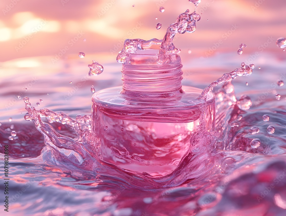 Splashes of Pink Water Surround a Clear Plastic Bottle in a Dreamy Sunset Background, Capturing the Vibrancy and Freshness of Beauty Products in Nature Splashes of Pink Water Surround a Clear Plastic Bottle in a Dreamy Sunset Background, Capturing the Vibrancy and Freshness of Beauty Products in Nature