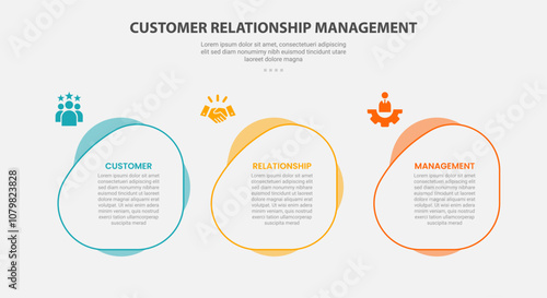 CRM customer relationship management infographic outline style with 3 point template with fluid circle on horizontal direction for slide presentation
