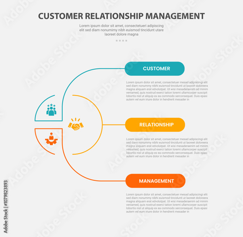 CRM customer relationship management infographic outline style with 3 point template with creative circle and link connection spreading for slide presentation