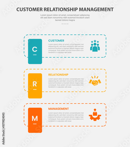 CRM customer relationship management infographic outline style with 3 point template with dotted line rectangle with vertical badge for slide presentation