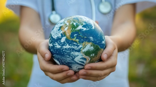 Fototapeta Naklejka Na Ścianę i Meble -  A child's hands holding a globe, wearing a stethoscope around their neck, symbolizing healthcare and the planet.