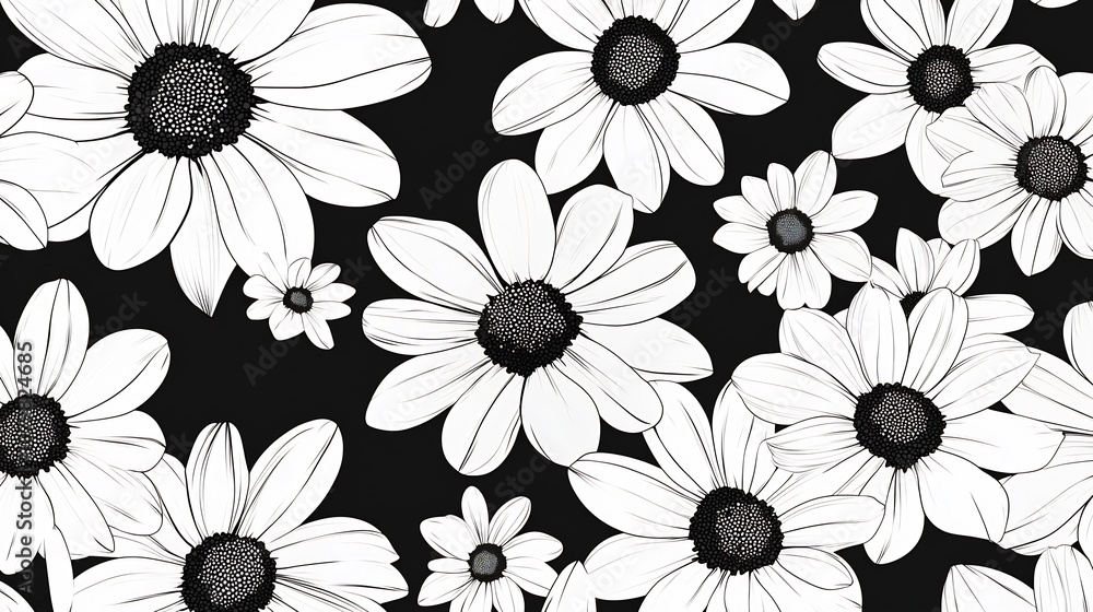 Fototapeta premium Stylized Geometric Daisy Flower Pattern in Bold Black and White