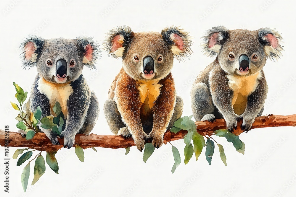Obraz premium Three koalas sitting on a branch surrounded by leaves.