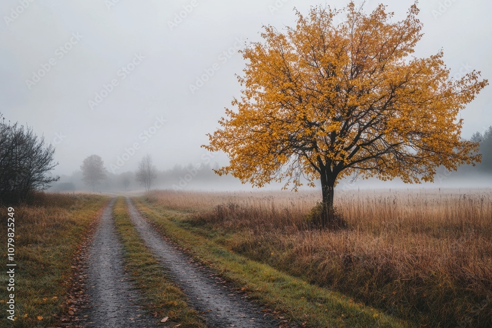 A lone tree with golden leaves stands on a path leading through a foggy meadow. A lone tree with golden leaves stands on a path leading through a foggy meadow.