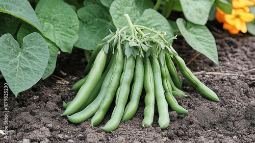 A cluster of green beans resting on dark soil