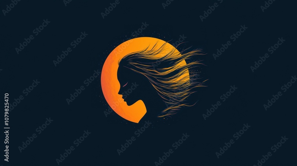 Naklejka premium Silhouette of a Woman with Wavy Hair in Front of a Yellow Moon