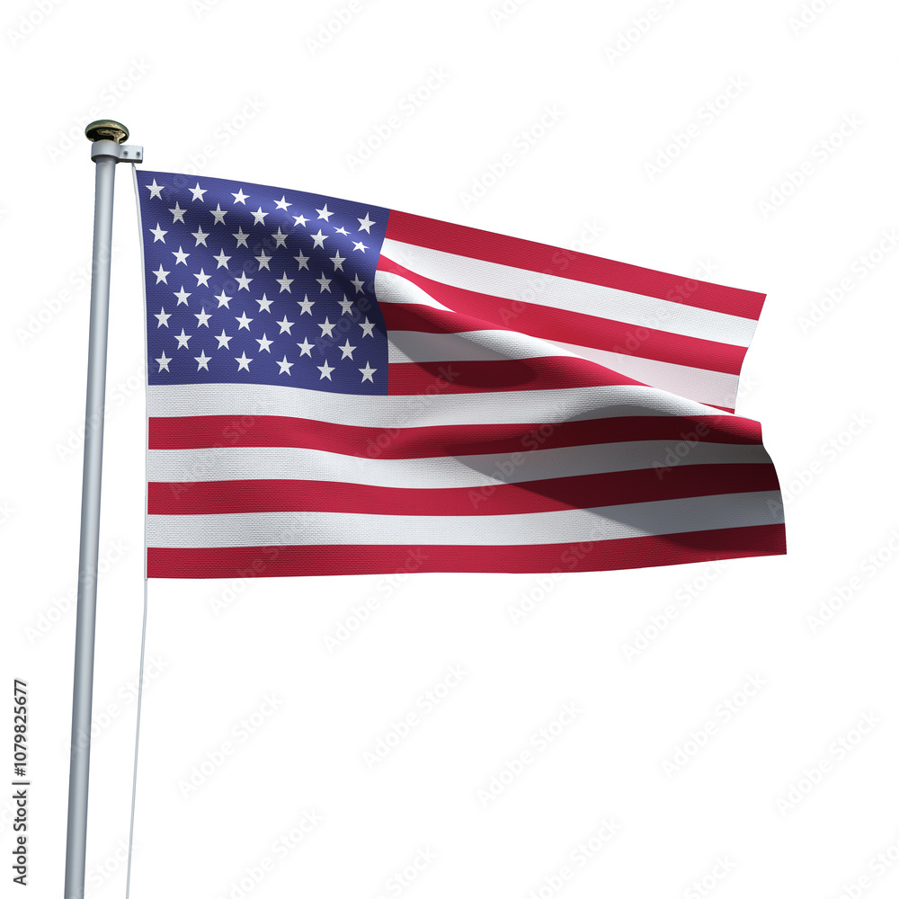 Fototapeta premium United states flag on a pole waving isolated on white background
