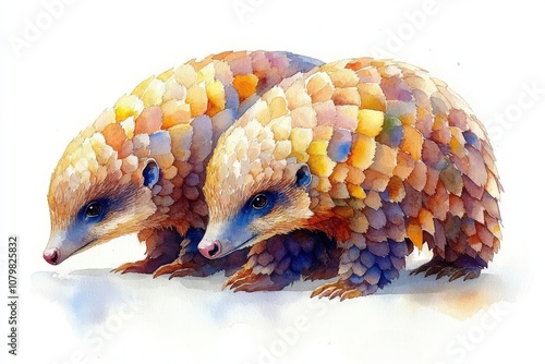 Two colorful pangolins illustrated in a vibrant watercolor style. photo